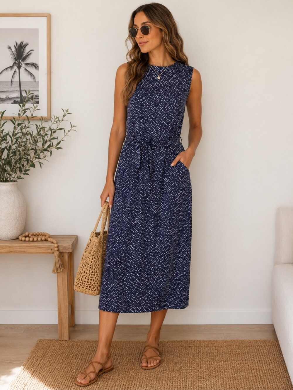 Jolibel Navy White Polka Dot Midi Dress Tie Waist Sleeveless Size 10